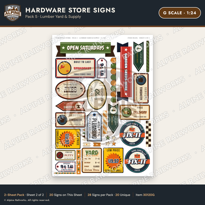 Alpine Railworks 30120G G Scale Hardware Store Signs - Lumber Yard