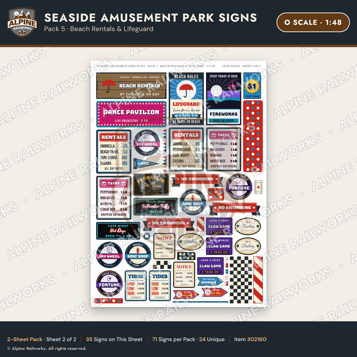 Alpine Railworks 30216O O Scale Seaside Amusement Park Signs