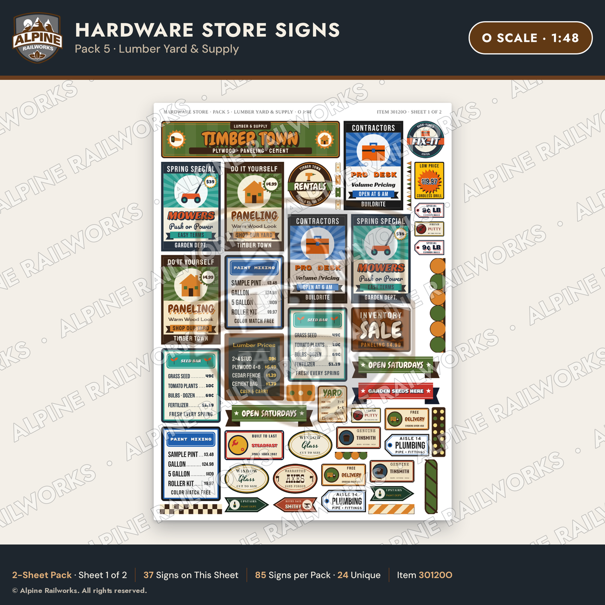 Alpine Railworks 30120O O Scale Hardware Store Signs - Lumber Yard