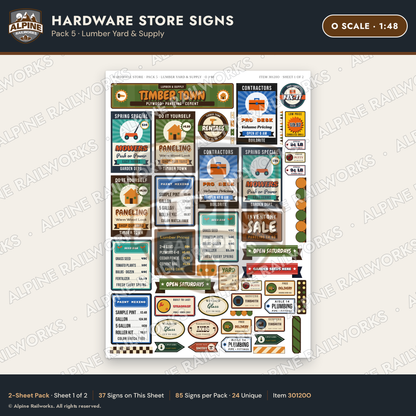 Alpine Railworks 30120O O Scale Hardware Store Signs - Lumber Yard