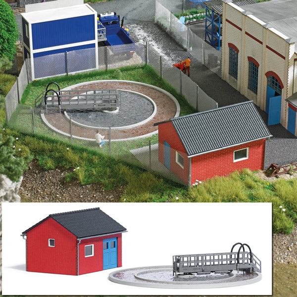 Busch 1638 HO Scale Sewage Treatment Plant -- Laser-Cut Kit 2-15/16 x 2-3/8 x 1" 7.5 x 6.1 x 5cm, Settling Pond: 5" 12.7