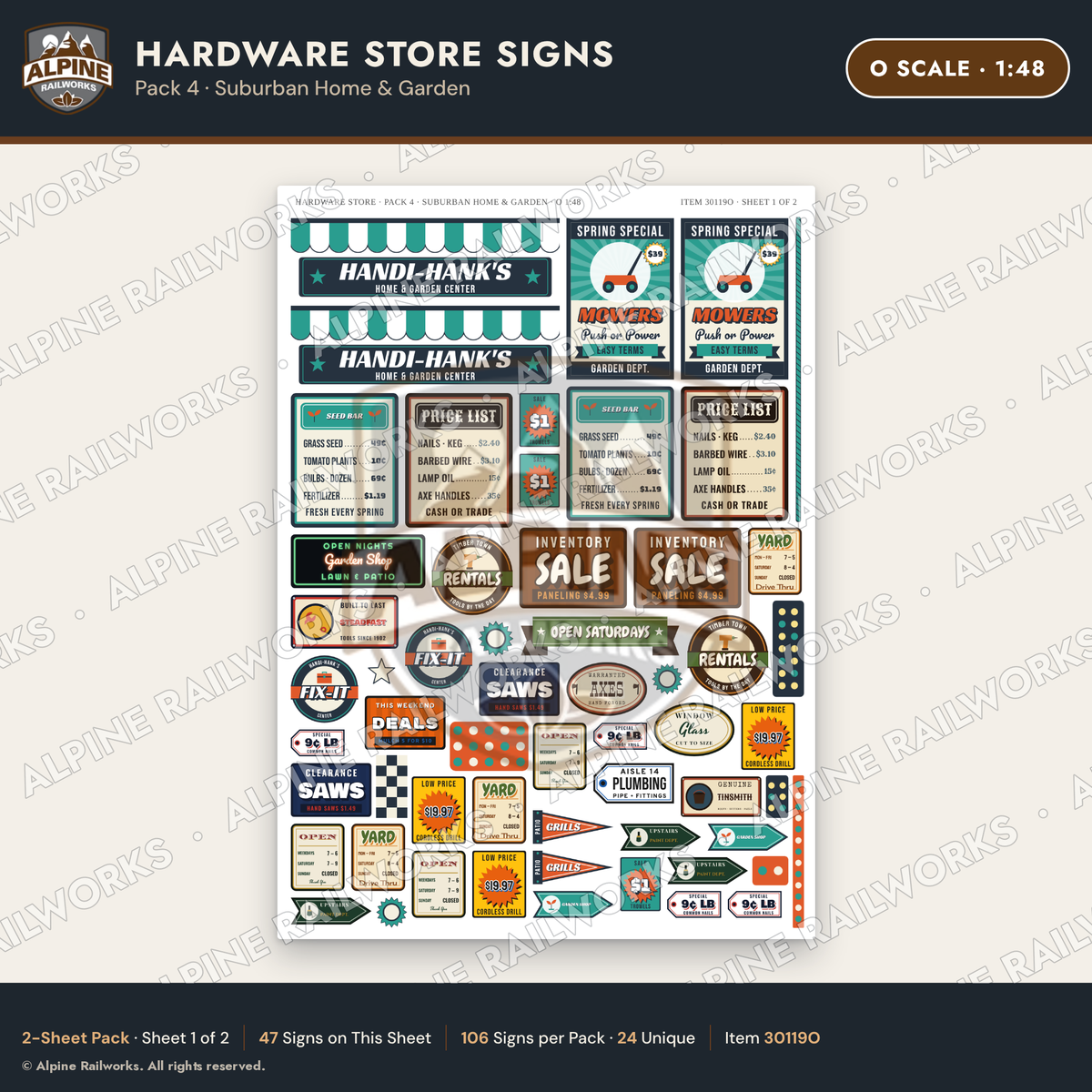 Alpine Railworks 30119O O Scale Hardware Store Signs - Suburban Home