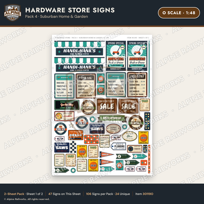 Alpine Railworks 30119O O Scale Hardware Store Signs - Suburban Home