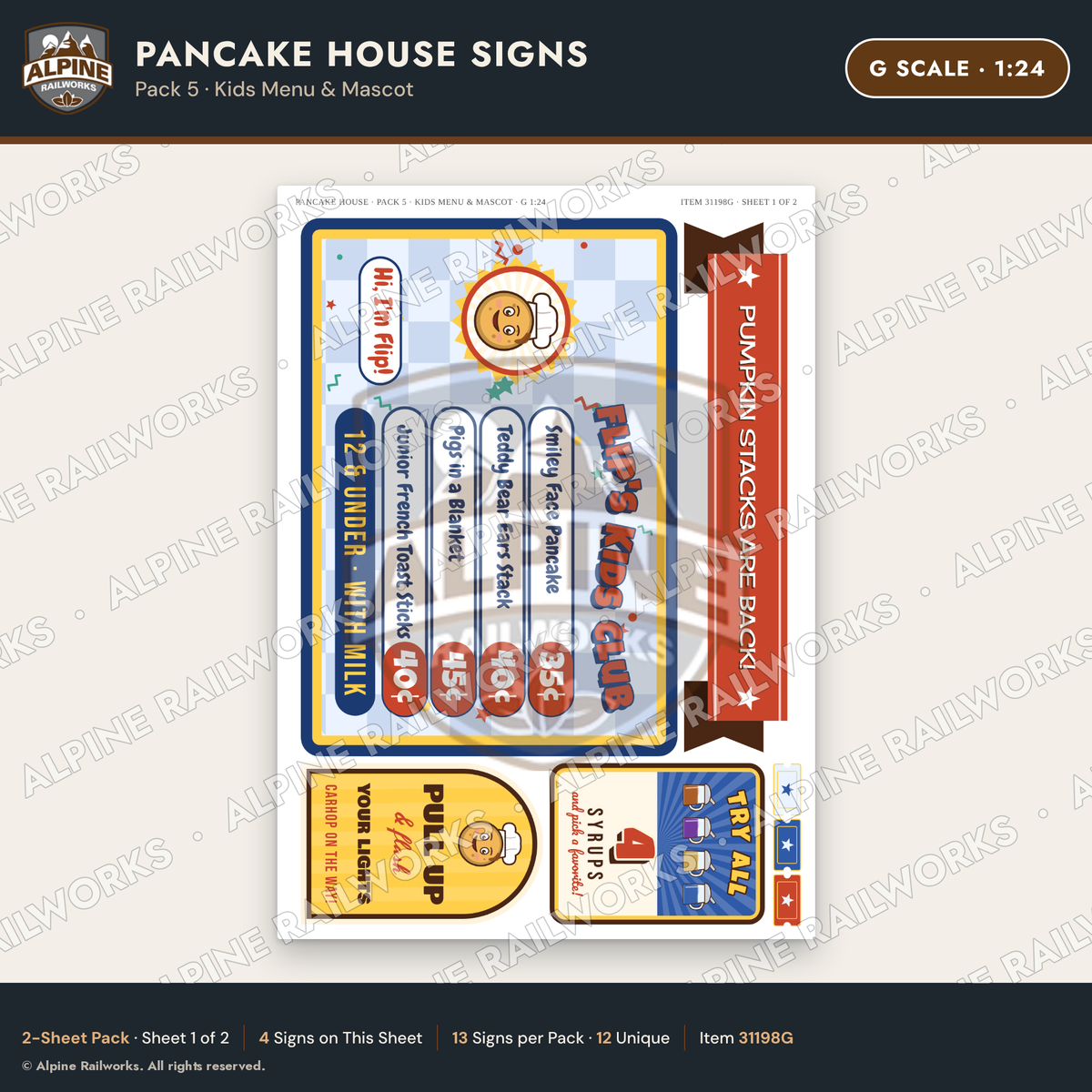 Alpine Railworks 31198G G Scale Pancake House Signs - Kids Menu