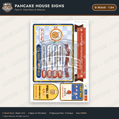 Alpine Railworks 31198G G Scale Pancake House Signs - Kids Menu
