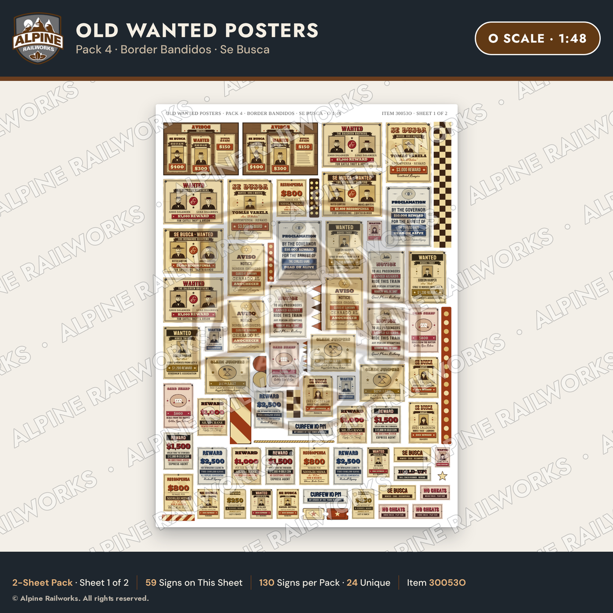 Alpine Railworks 30053O O Scale Old Wanted Posters - Border Bandidos