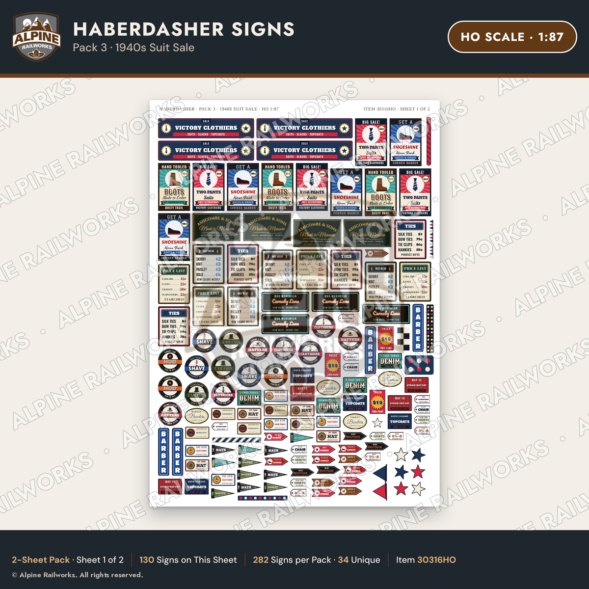 Alpine Railworks 30316HO HO Scale Haberdasher Signs - 1940s Suit Sale