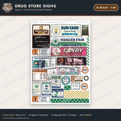 Alpine Railworks 30660O O Scale Drug Store Signs - Flu Shots