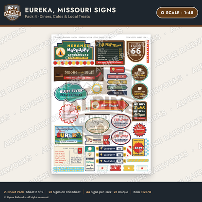 Alpine Railworks 31227O O Scale Eureka MO Signs - Diners & Cafes