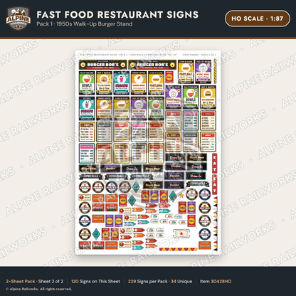 Alpine Railworks 30428HO HO Scale Fast Food Restaurant Signs
