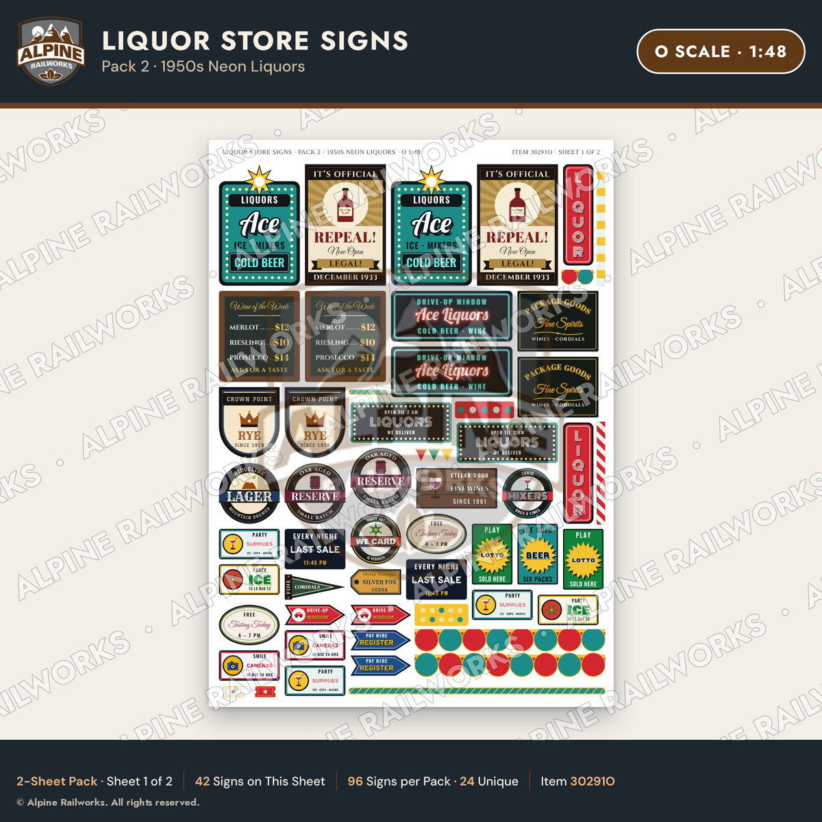 Alpine Railworks 30291O O Scale Liquor Store Signs - Neon Liquors