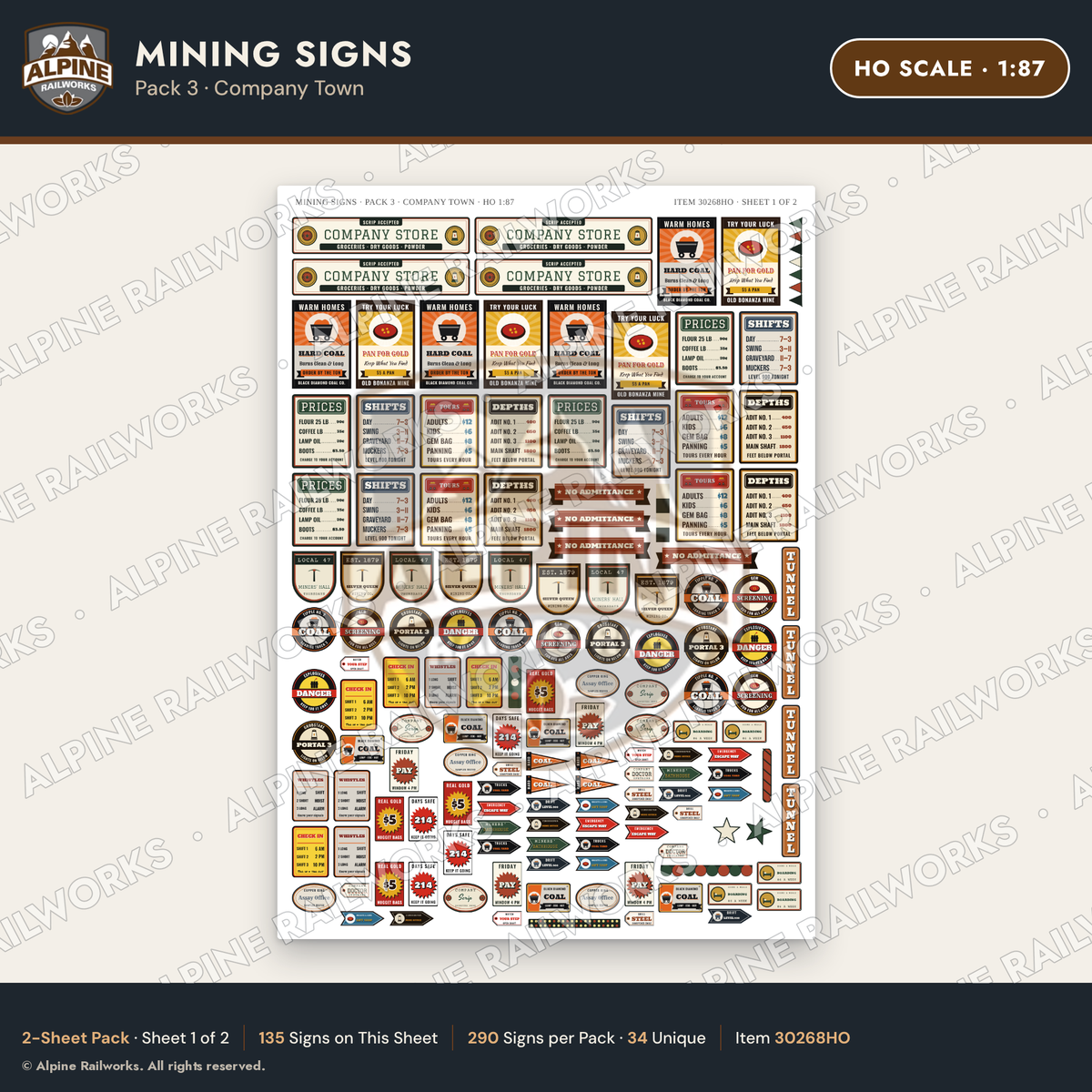 Alpine Railworks 30268HO HO Scale Mining Signs - Company Town