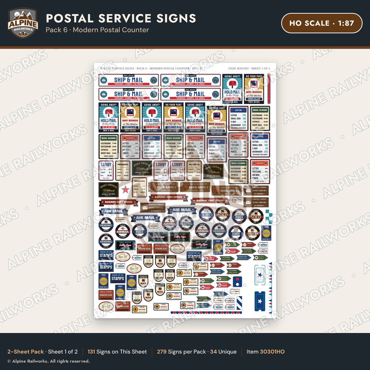 Alpine Railworks 30301HO HO Scale Postal Service Signs