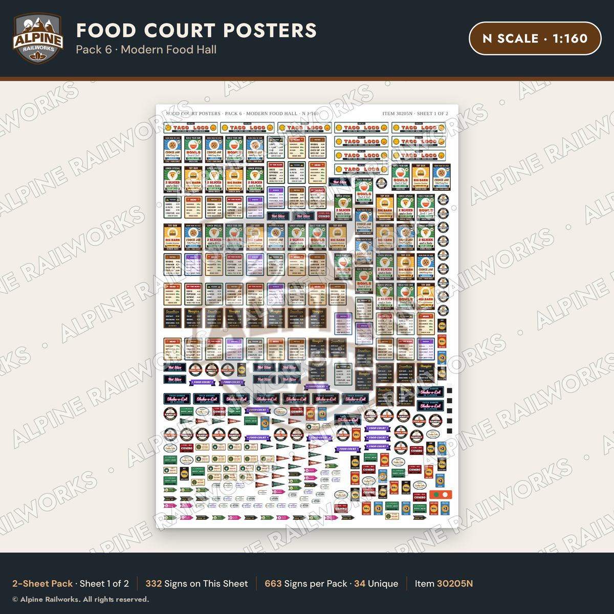 Alpine Railworks 30205N N Scale Food Court Posters - Modern Food Hall