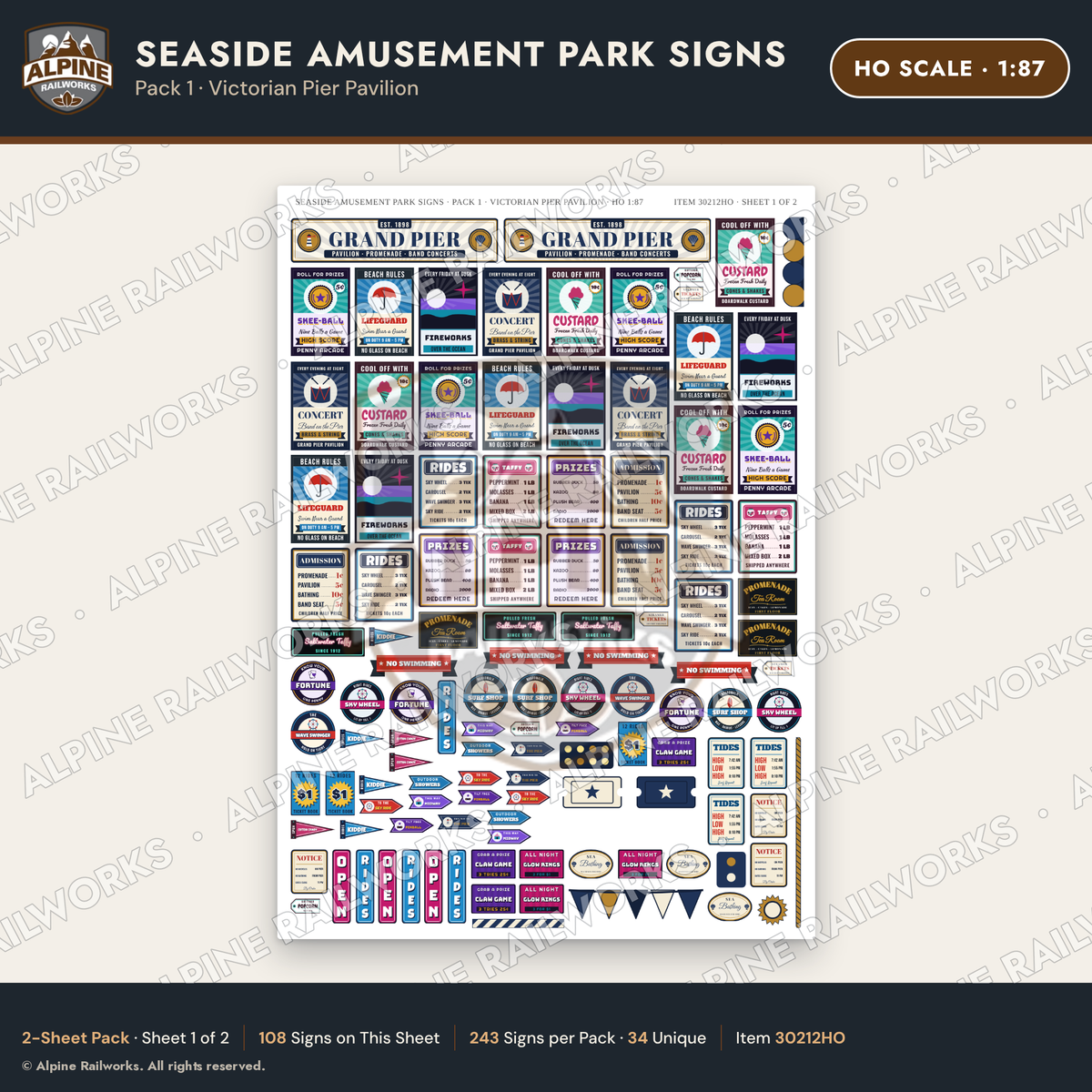 Alpine Railworks 30212HO HO Scale Seaside Amusement Park Signs
