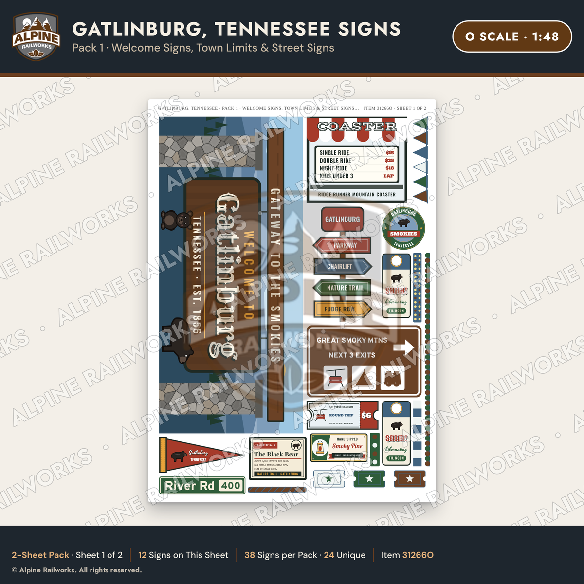 Alpine Railworks 31266O O Scale Gatlinburg TN Signs - Welcome Signs