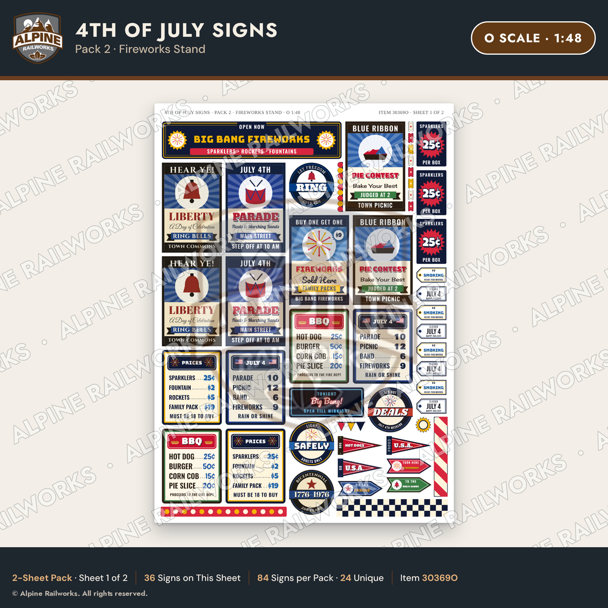 Alpine Railworks 30369O O Scale 4th of July Signs - Fireworks Stand