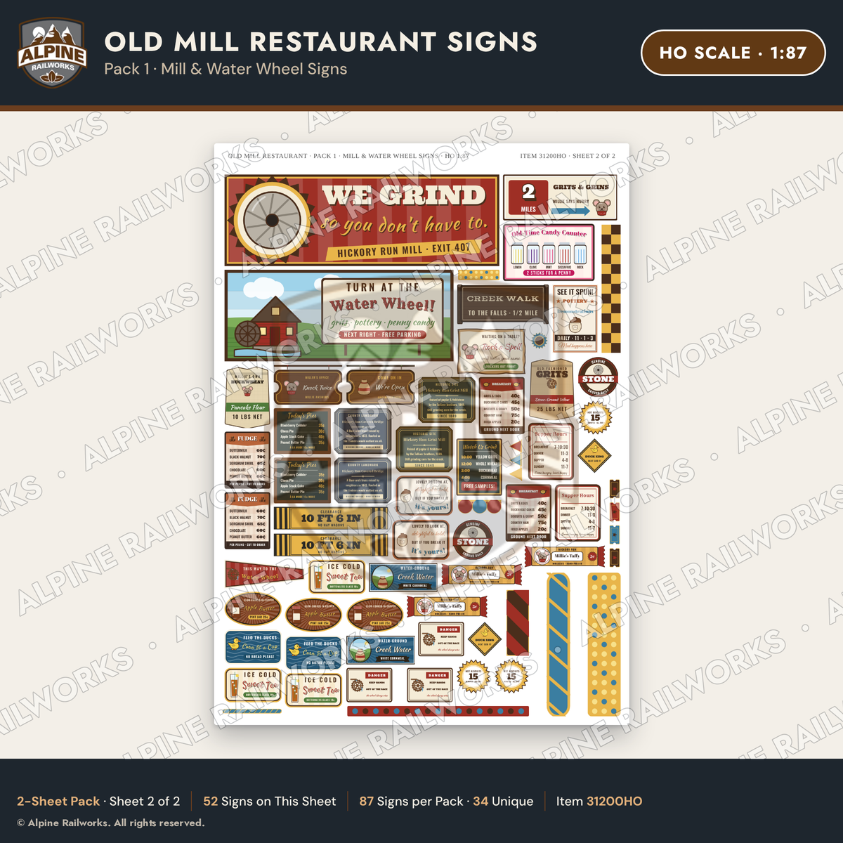 Alpine Railworks 31200HO HO Scale Old Mill Signs - Mill & Water Wheel