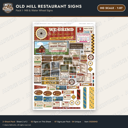 Alpine Railworks 31200HO HO Scale Old Mill Signs - Mill & Water Wheel