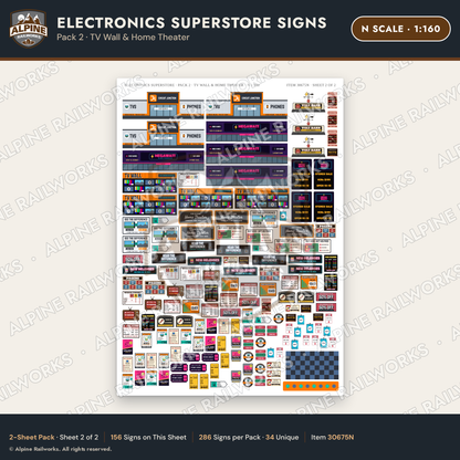 Alpine Railworks 30675N N Scale Electronics Superstore Signs - TV Wall