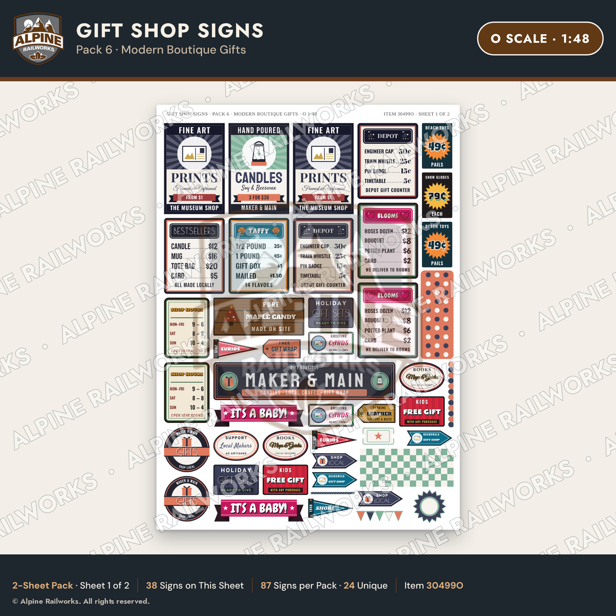 Alpine Railworks 30499O O Scale Gift Shop Signs