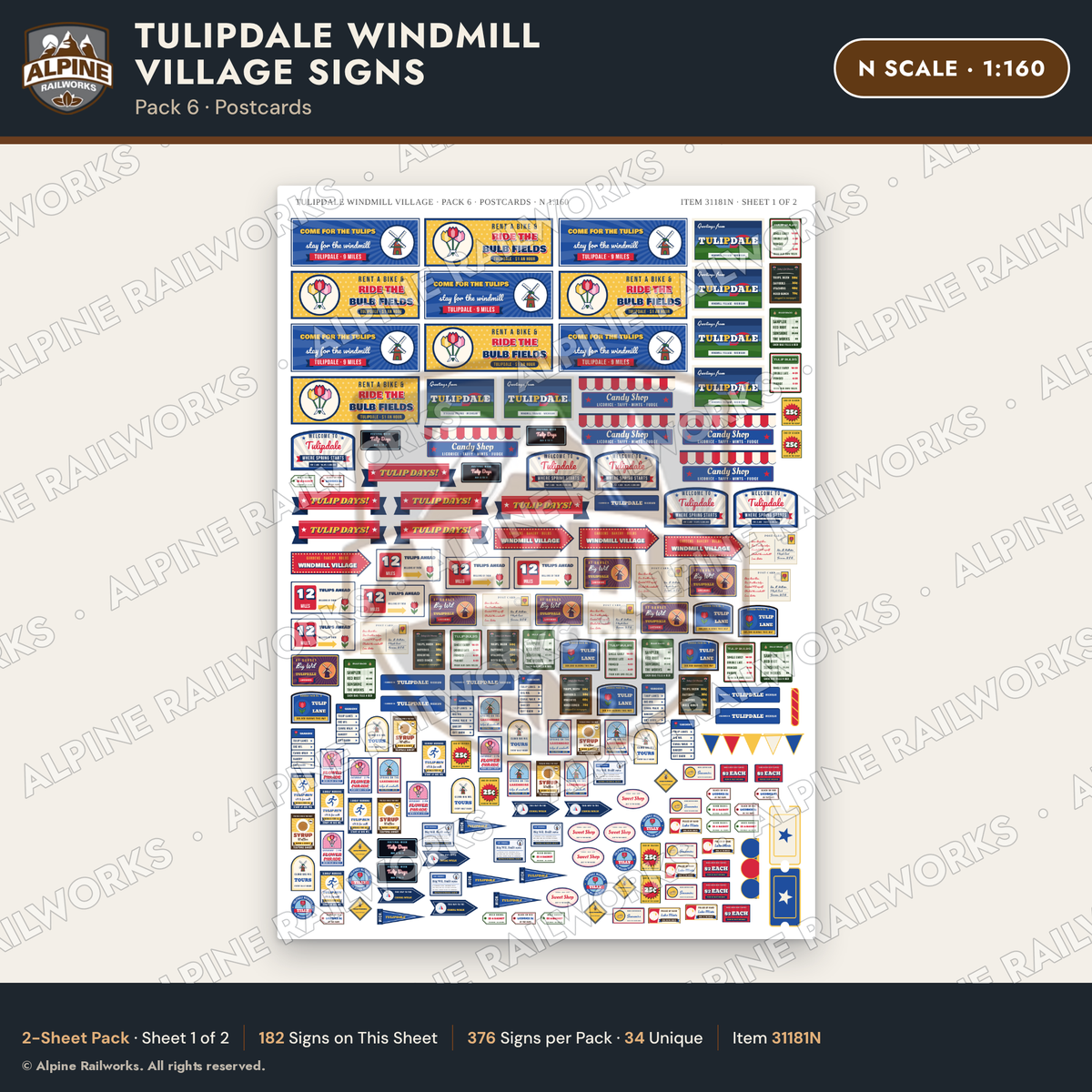 Alpine Railworks 31181N N Scale Roadside Signs - Windmill Village
