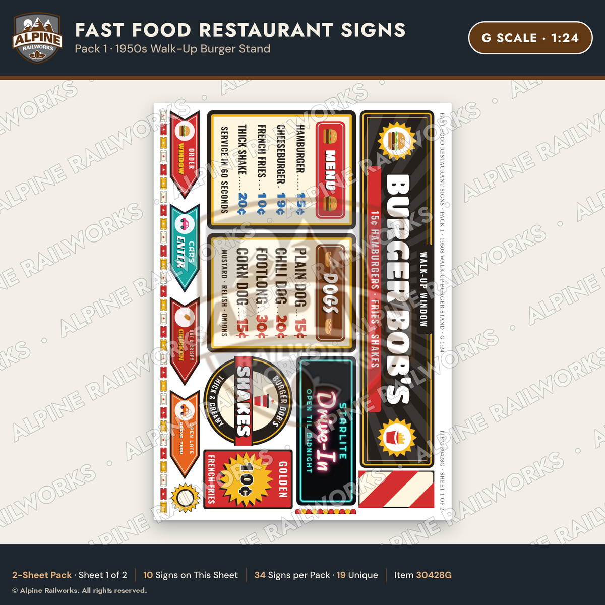 Alpine Railworks 30428G G Scale Fast Food Restaurant Signs