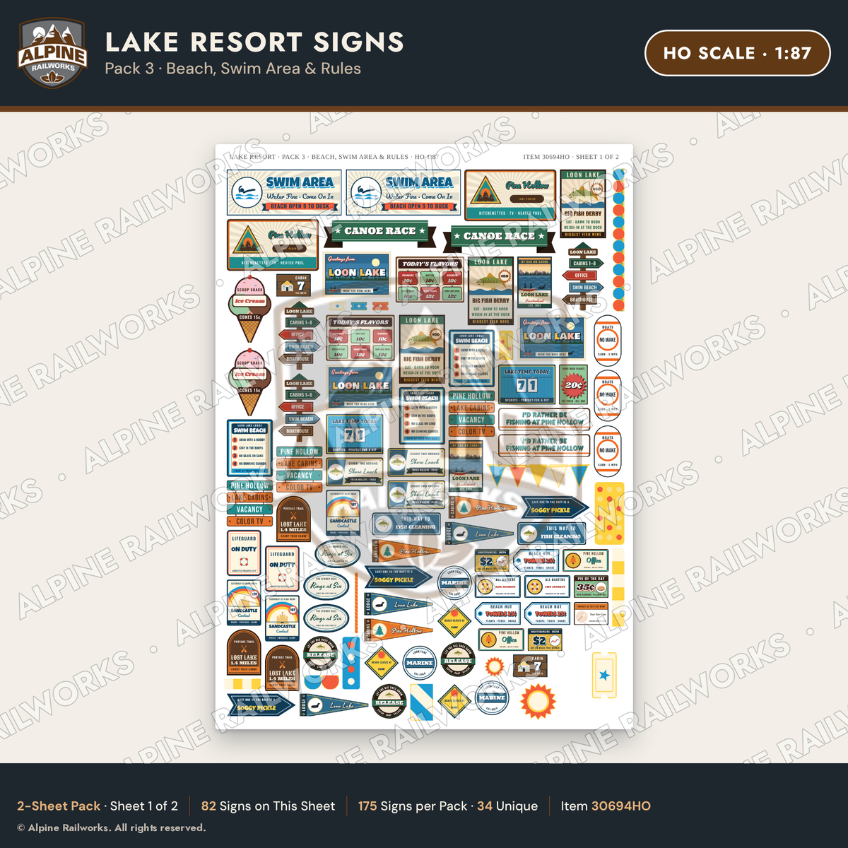 Alpine Railworks 30694HO HO Scale Lake Resort Signs - Beach