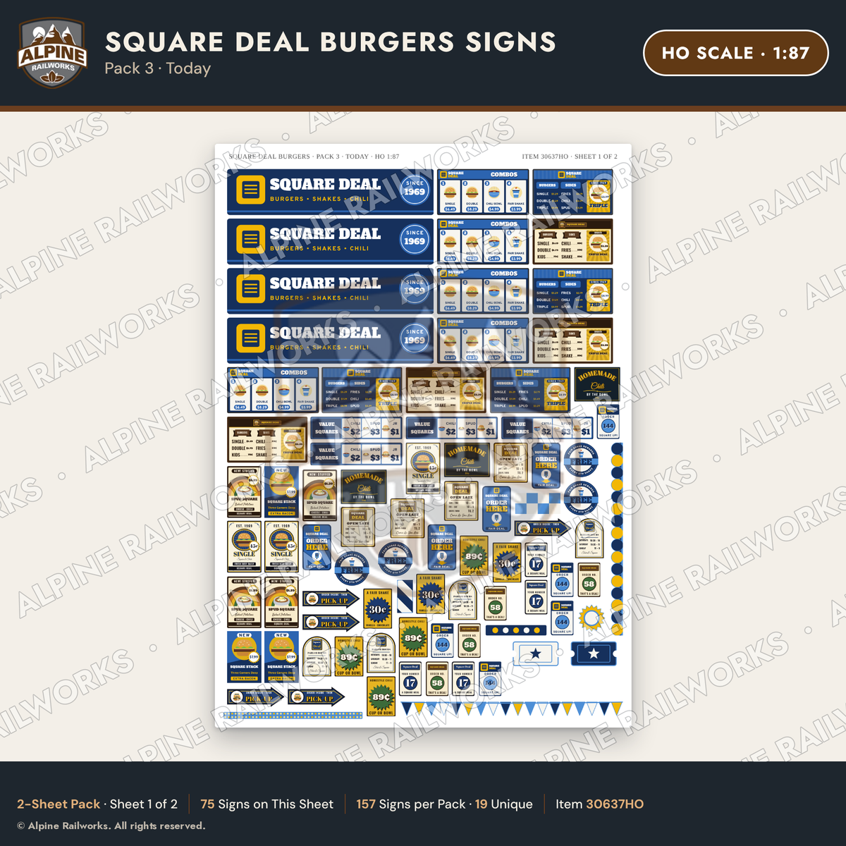 Alpine Railworks 30637HO HO Scale Fast Food Signs - Square Burgers