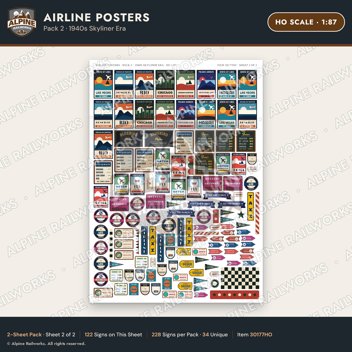 Alpine Railworks 30177HO HO Scale Airline Posters - 1940s Skyliner Era