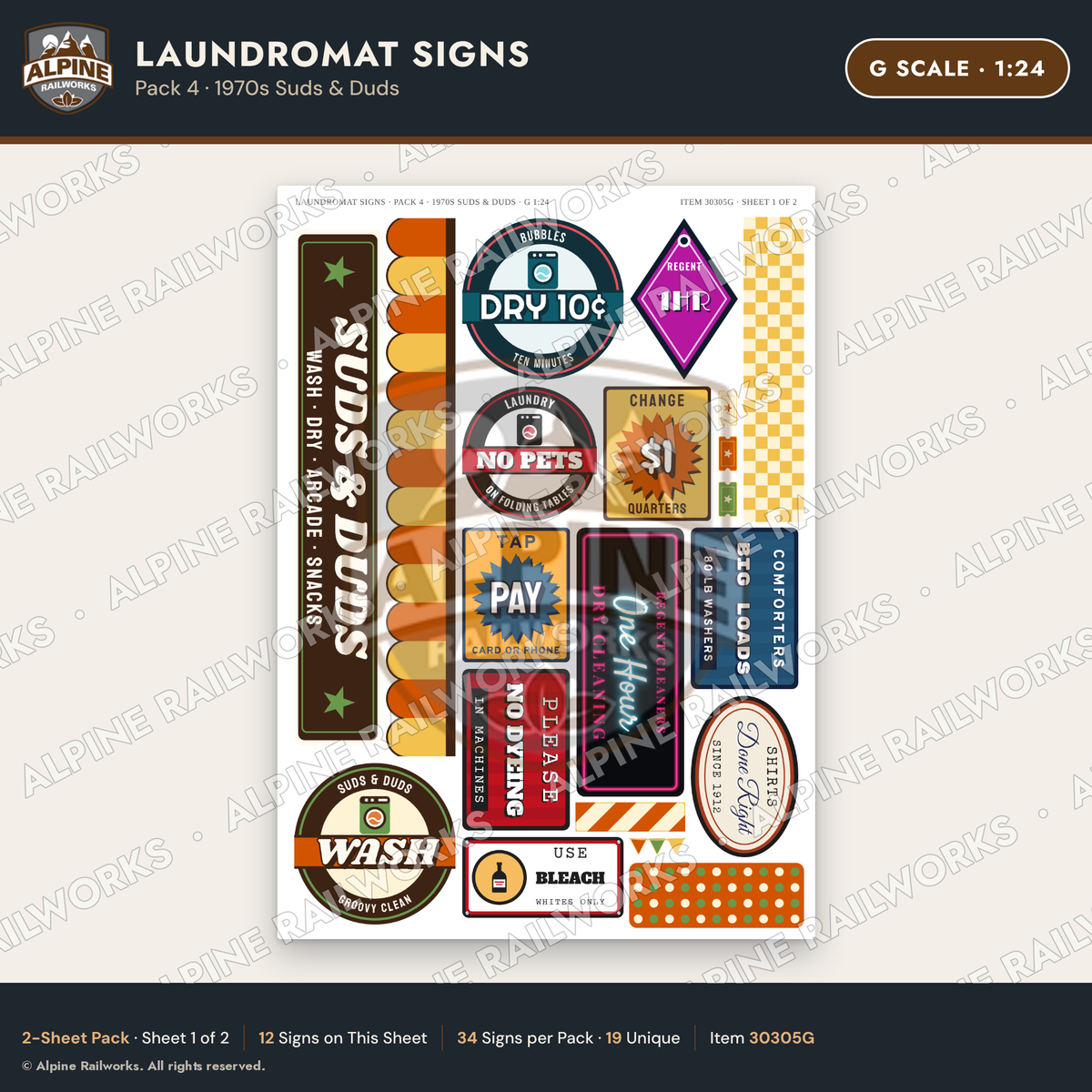 Alpine Railworks 30305G G Scale Laundromat Signs - 1970s Suds & Duds