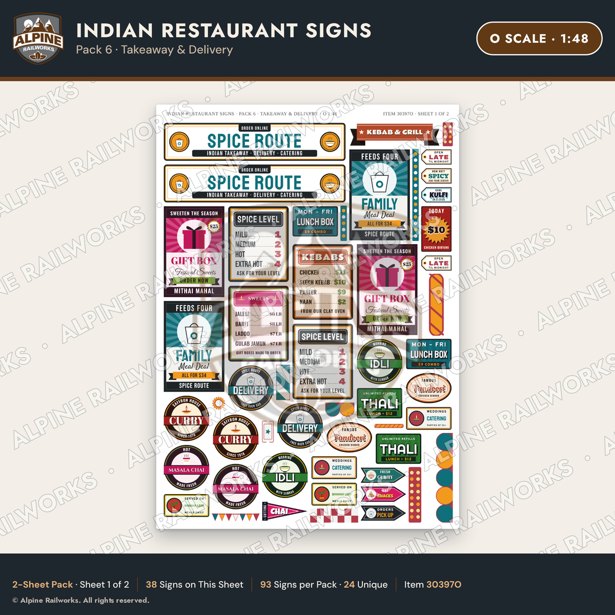 Alpine Railworks 30397O O Scale Indian Restaurant Signs - Takeaway