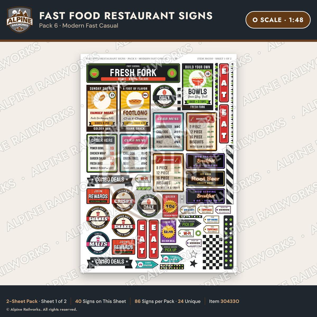 Alpine Railworks 30433O O Scale Fast Food Restaurant Signs