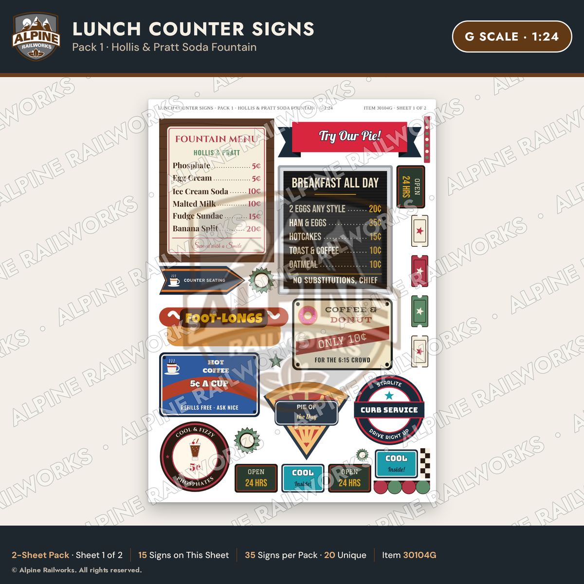 Alpine Railworks 30104G G Scale Lunch Counter Signs - Hollis