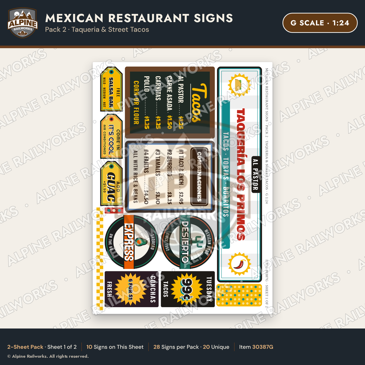 Alpine Railworks 30387G G Scale Mexican Restaurant Signs - Taqueria