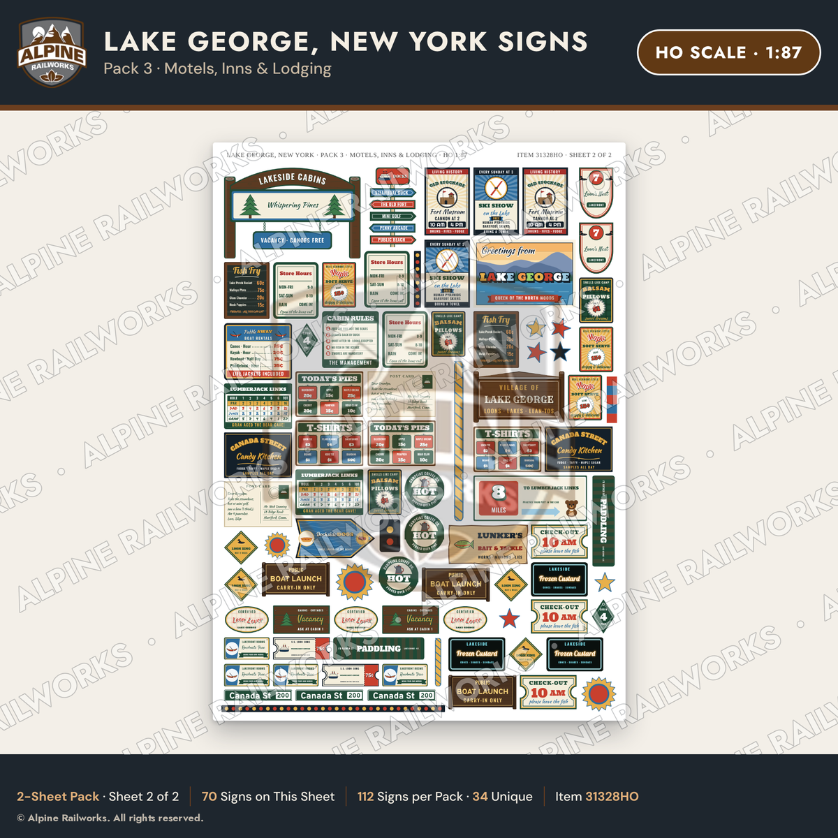 Alpine Railworks 31328HO HO Scale Lake George NY Signs - Motels & Inns