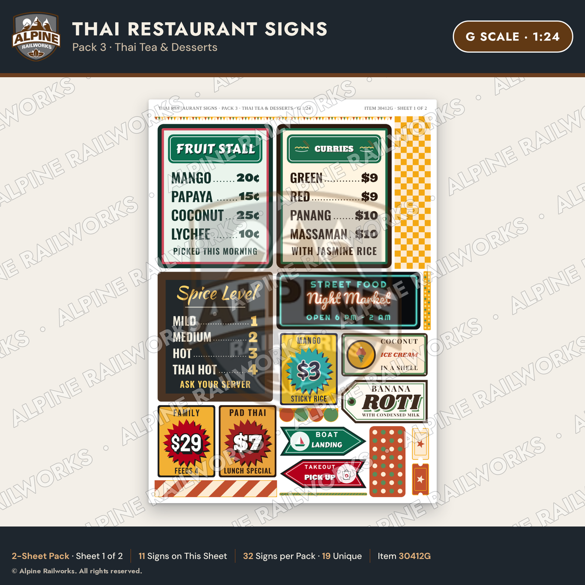 Alpine Railworks 30412G G Scale Thai Restaurant Signs - Thai Tea