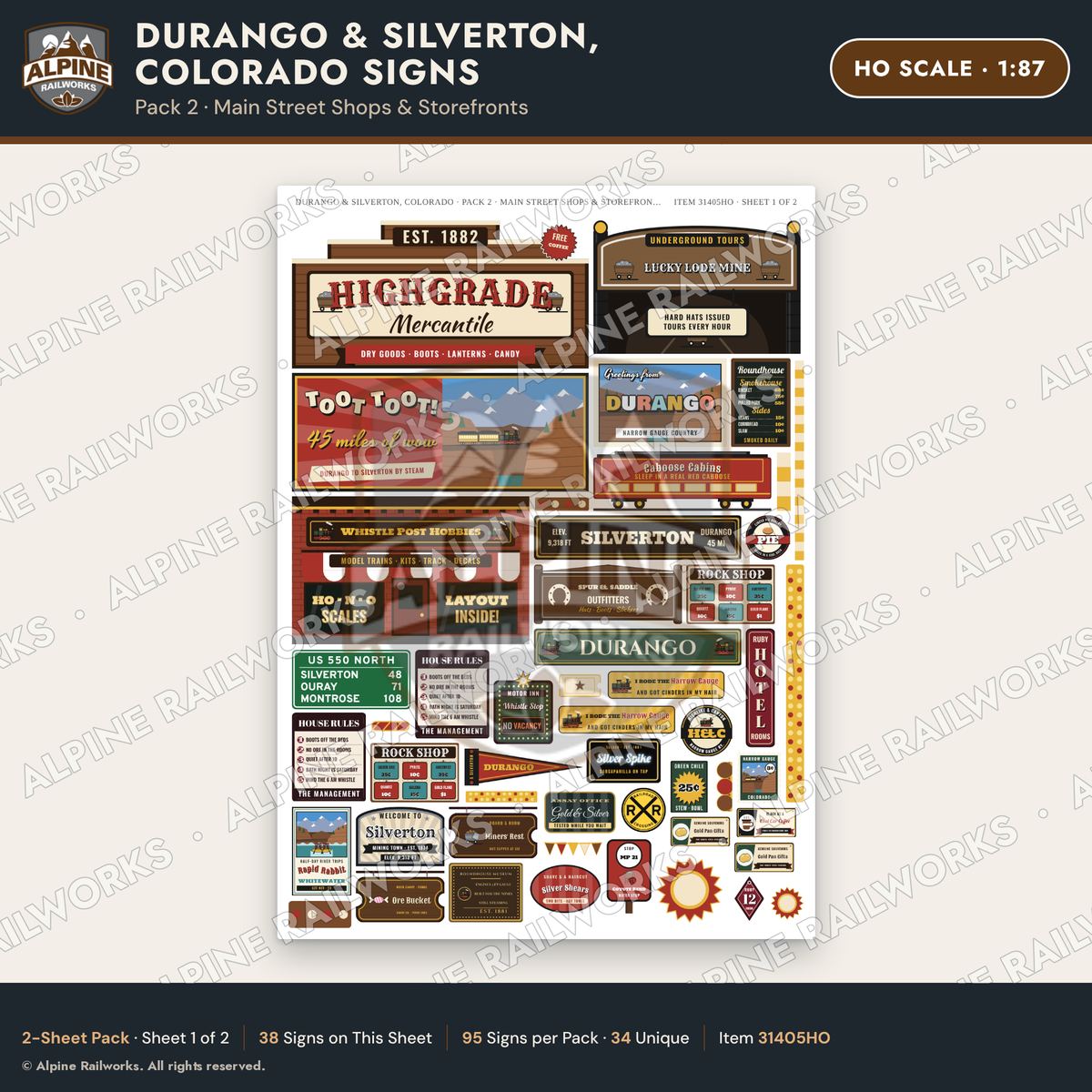 Alpine Railworks 31405HO HO Scale Durango CO Signs - Main Street Shops