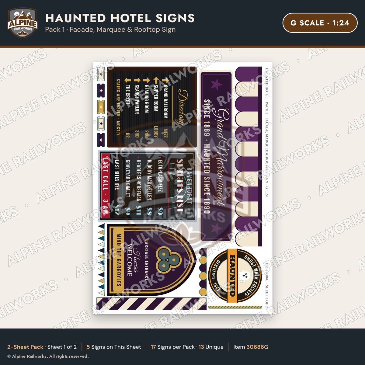 Alpine Railworks 30686G G Scale Haunted Hotel Signs - Facade & Marquee