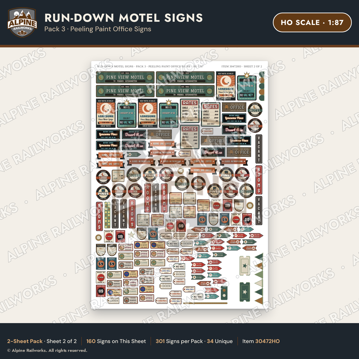 Alpine Railworks 30472HO HO Scale Run-Down Motel Signs