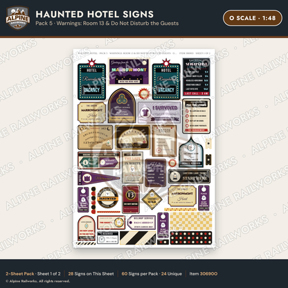 Alpine Railworks 30690O O Scale Haunted Hotel Signs - Room 13
