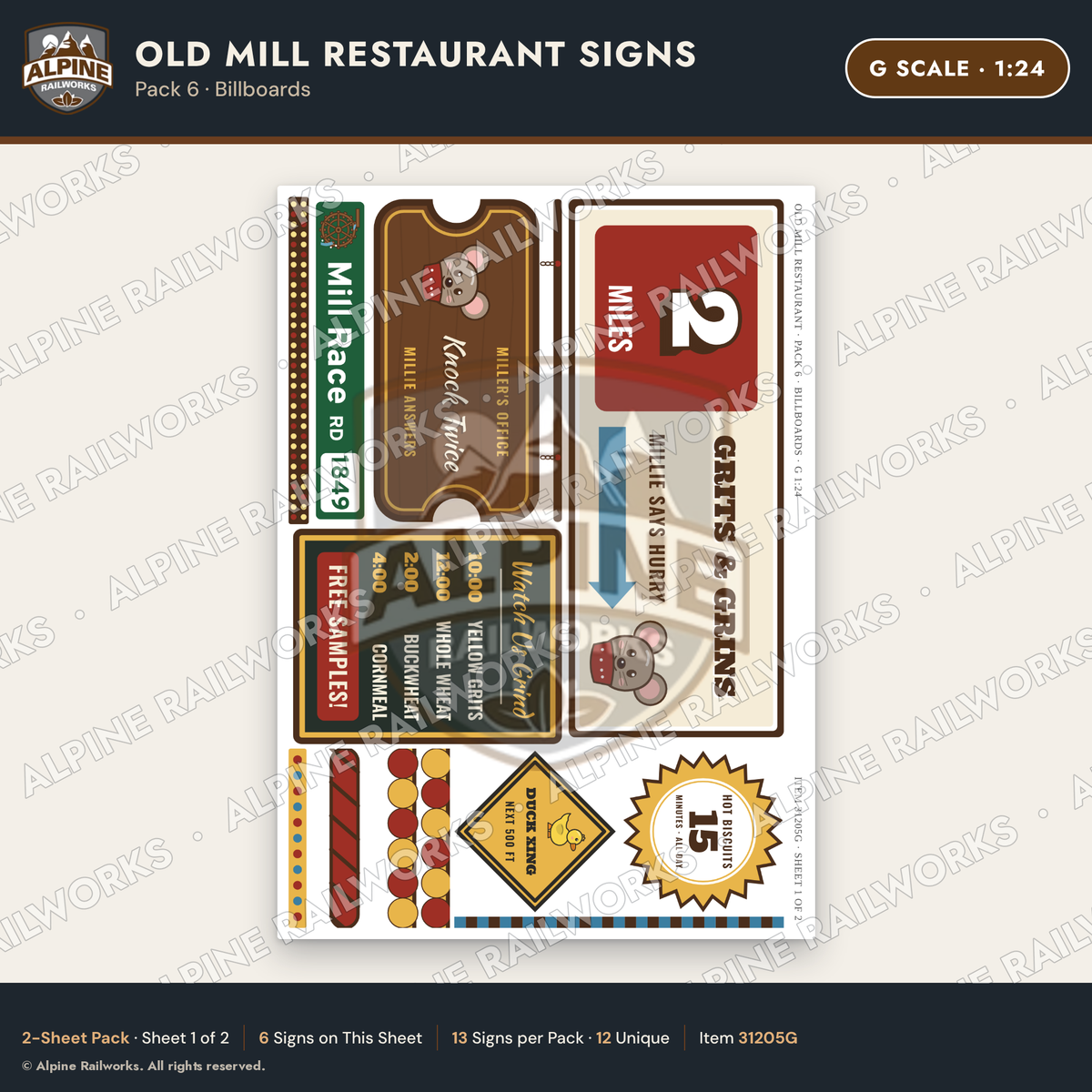 Alpine Railworks 31205G G Scale Old Mill Signs - Billboards