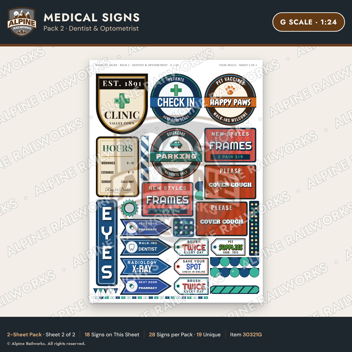 Alpine Railworks 30321G G Scale Medical Signs - Dentist & Optometrist