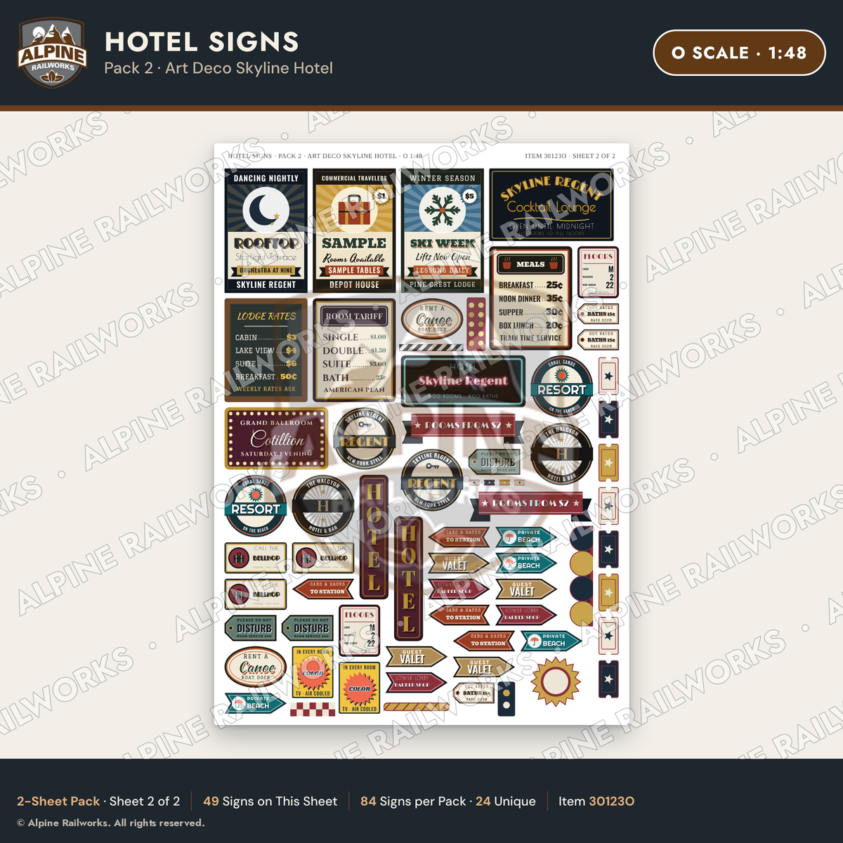 Alpine Railworks 30123O O Scale Hotel Signs - Art Deco Skyline Hotel