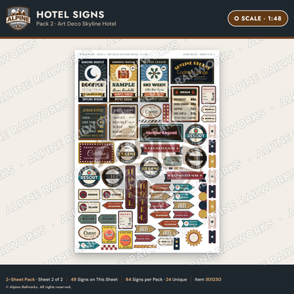 Alpine Railworks 30123O O Scale Hotel Signs - Art Deco Skyline Hotel