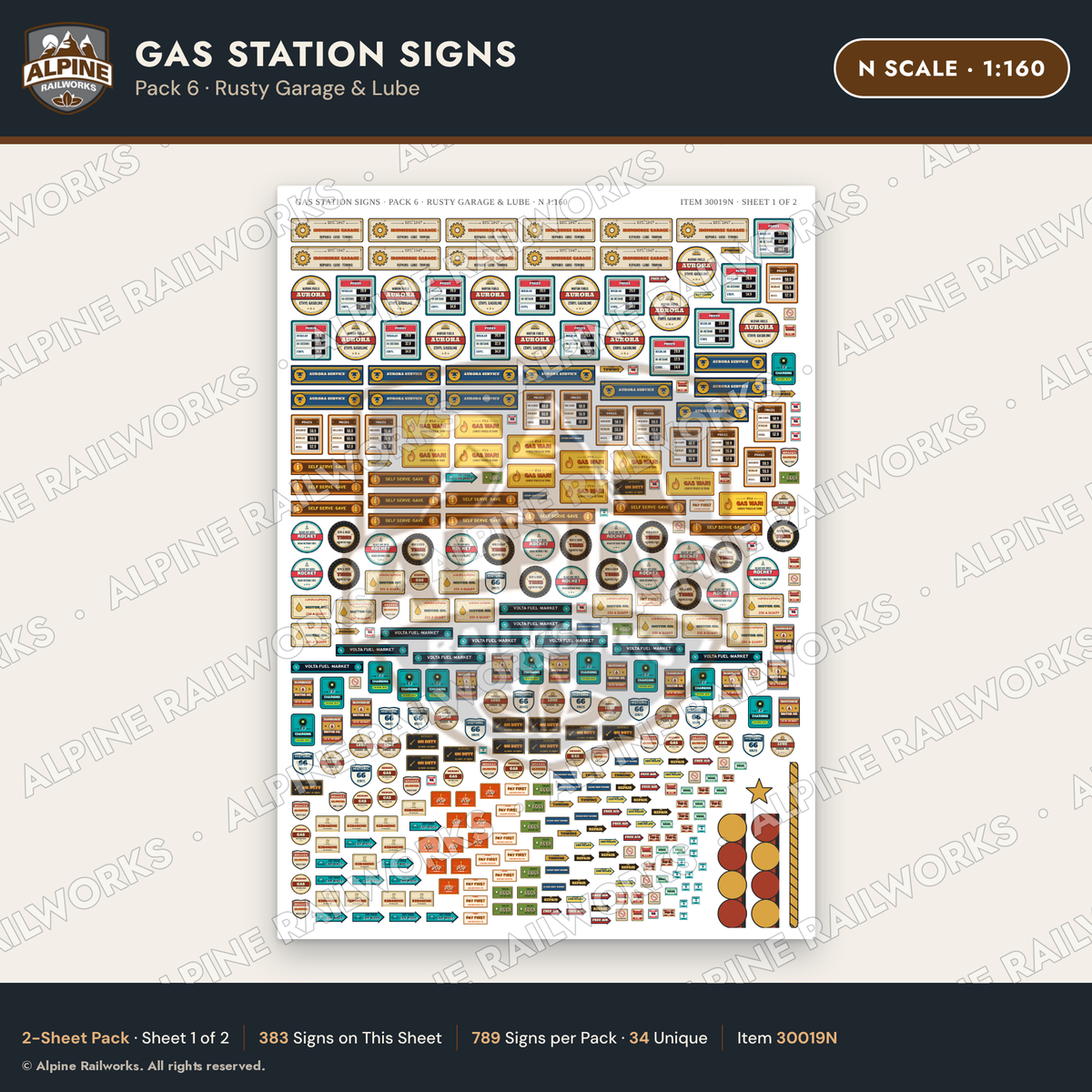 Alpine Railworks 30019N N Scale Gas Station Signs - Rusty Garage