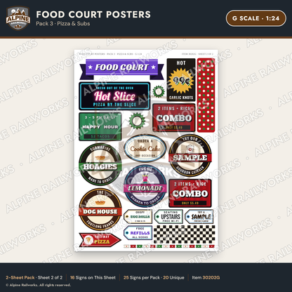 Alpine Railworks 30202G G Scale Food Court Posters - Pizza & Subs