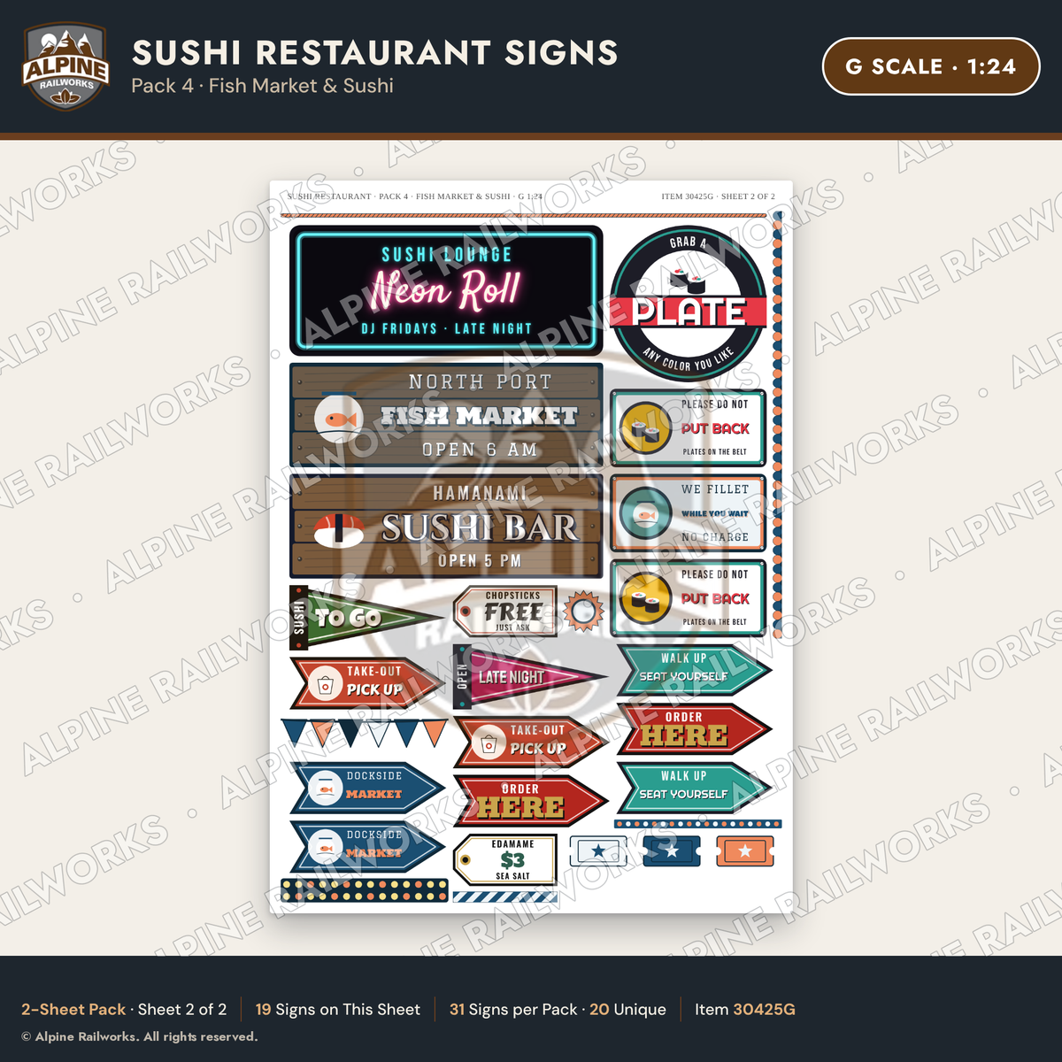 Alpine Railworks 30425G G Scale Sushi Restaurant Signs - Fish Market