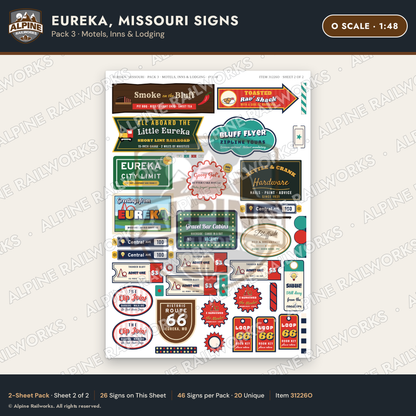 Alpine Railworks 31226O O Scale Eureka MO Signs - Motels & Inns