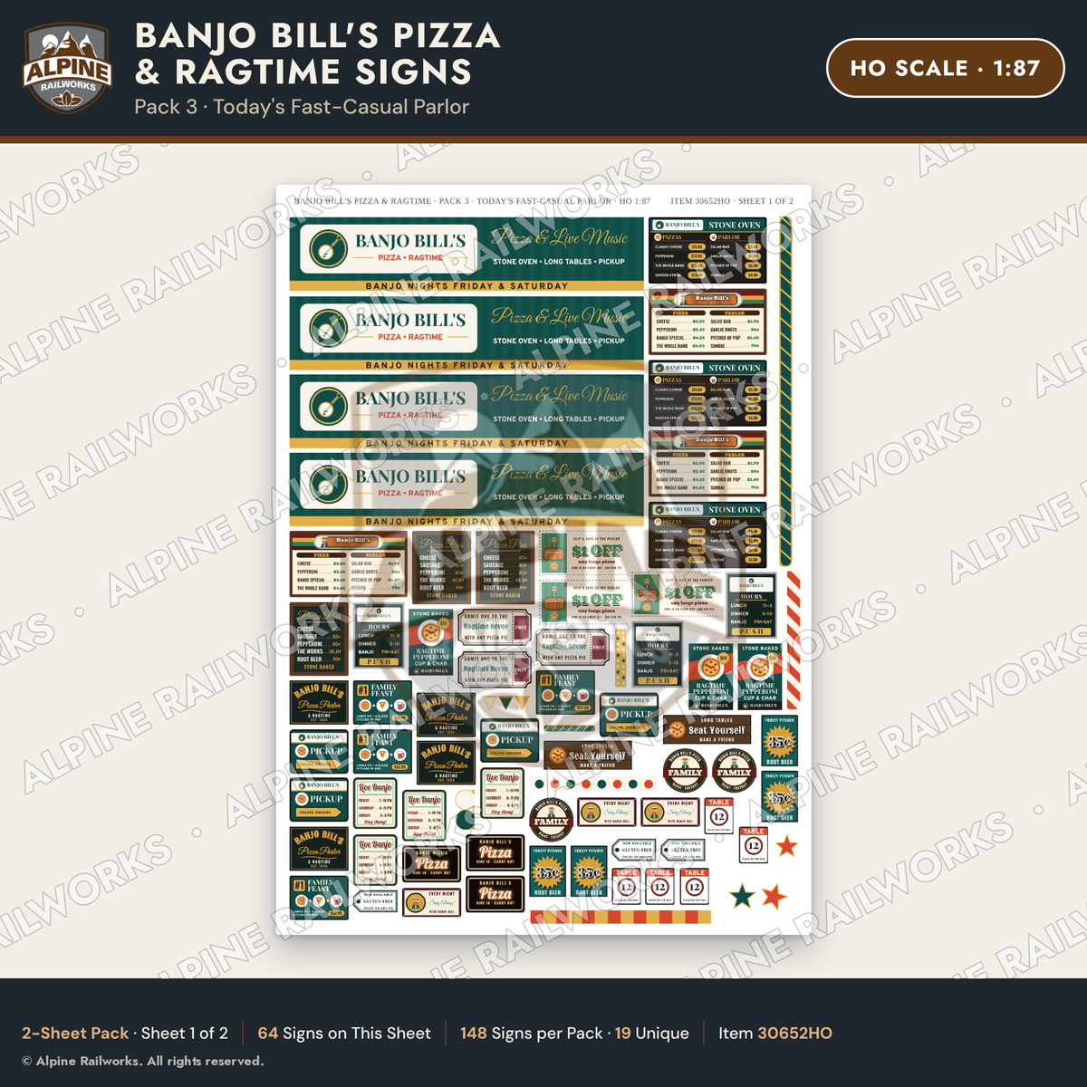 Alpine Railworks 30652HO HO Scale Restaurant Signs - Pizza Parlor